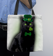 Load image into Gallery viewer, Black Cat   Green Hat Basketweave Tote Bag
