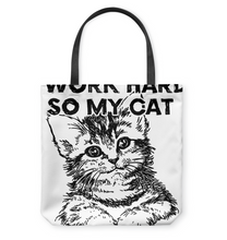 Load image into Gallery viewer, Cat Lover I Work Hard So My Cat Can Live A Better Life Basketweave Tote Bag
