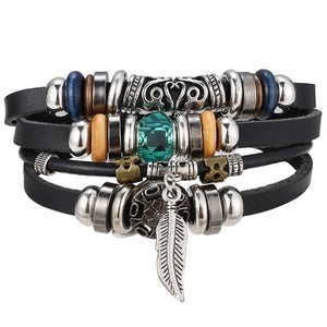 Vintage Leaf Feather Multilayer Leather Bracelet Men Fashion Braided Handmade Star Rope Wrap Bracelets & Bangles Male Gifts Jewe
