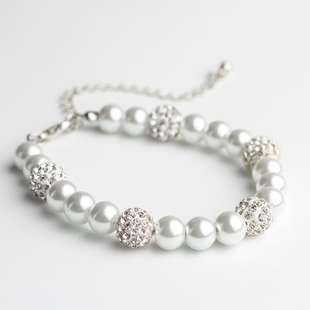 Fashion White Women Simple Glass Elegant Faux Pearl Rhinestone Inlaid Pendant Bracelet Wedding Party Jewelry Gift